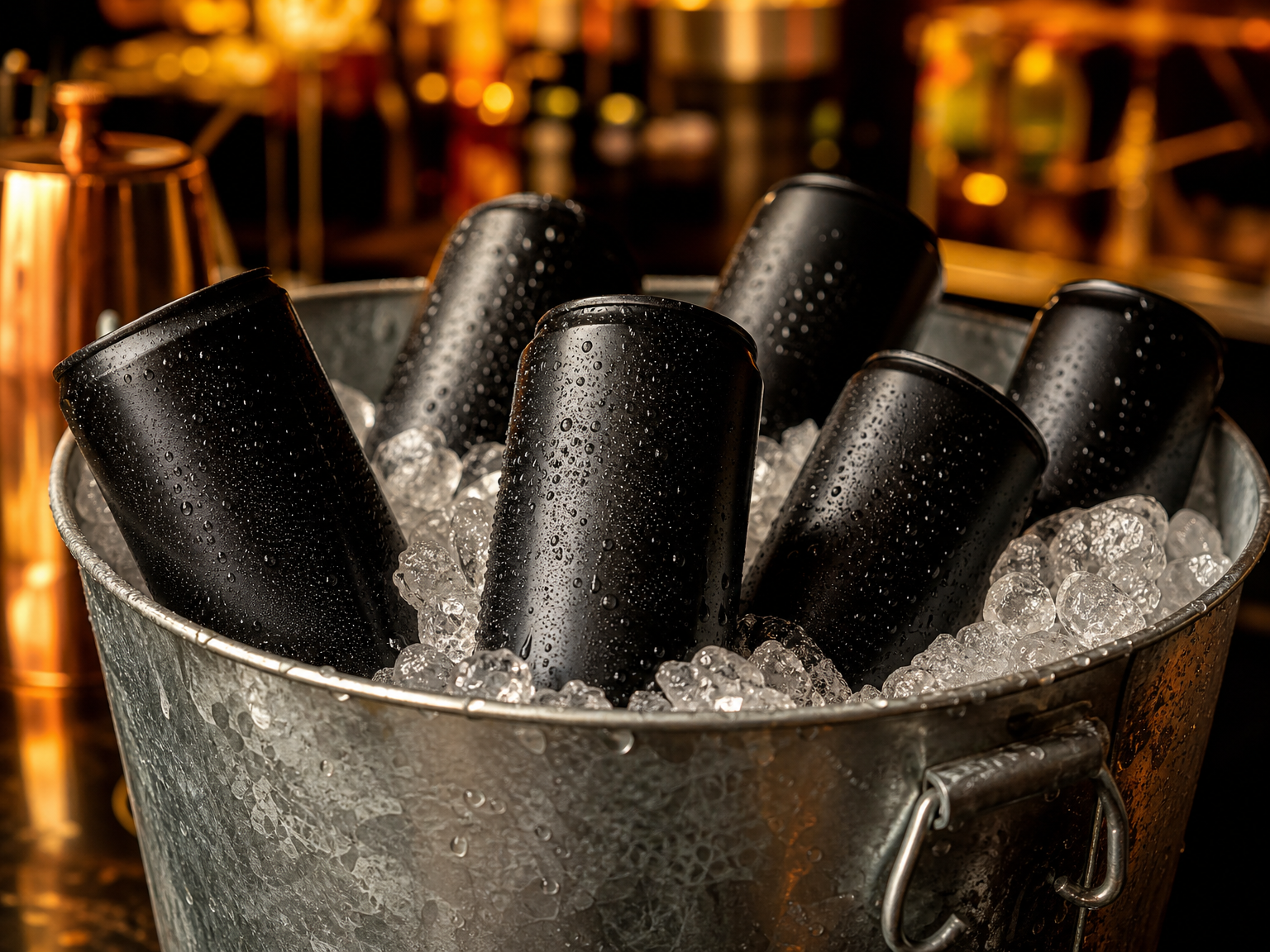 Matte black ice bucket filled with cold canned cocktails