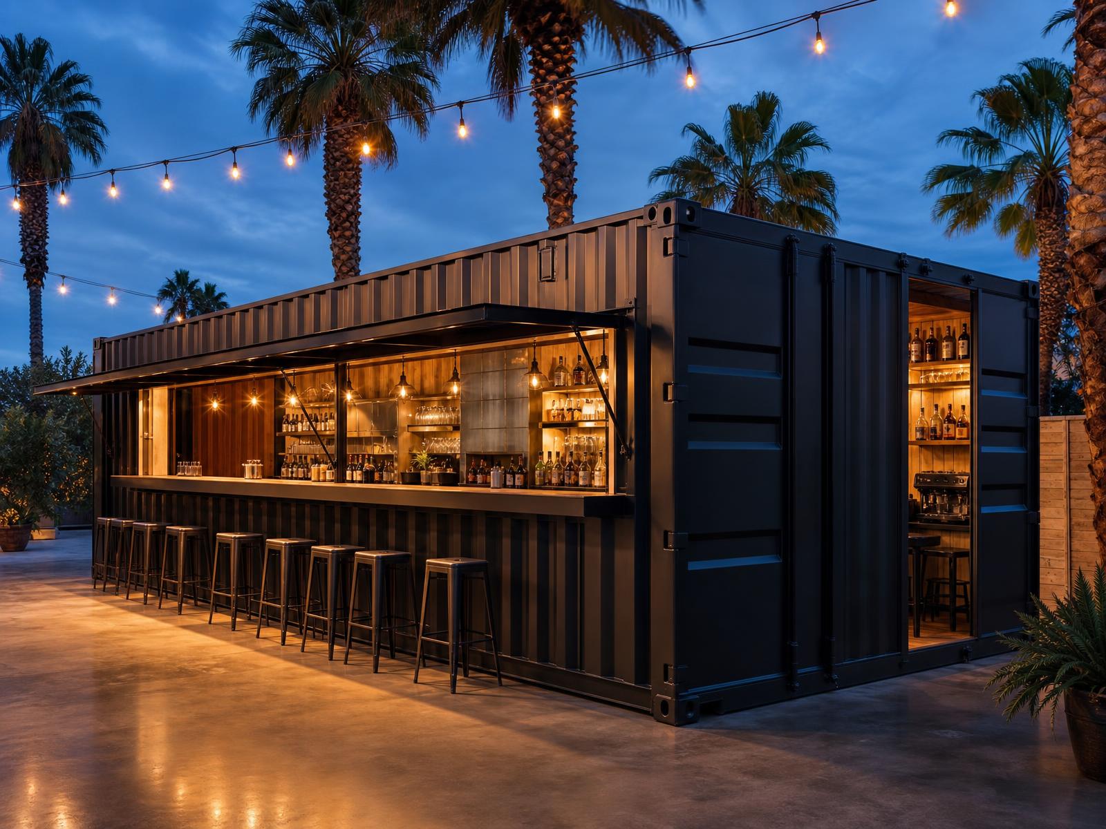Black shipping container bar at dusk with warm interior lighting and minimal stools