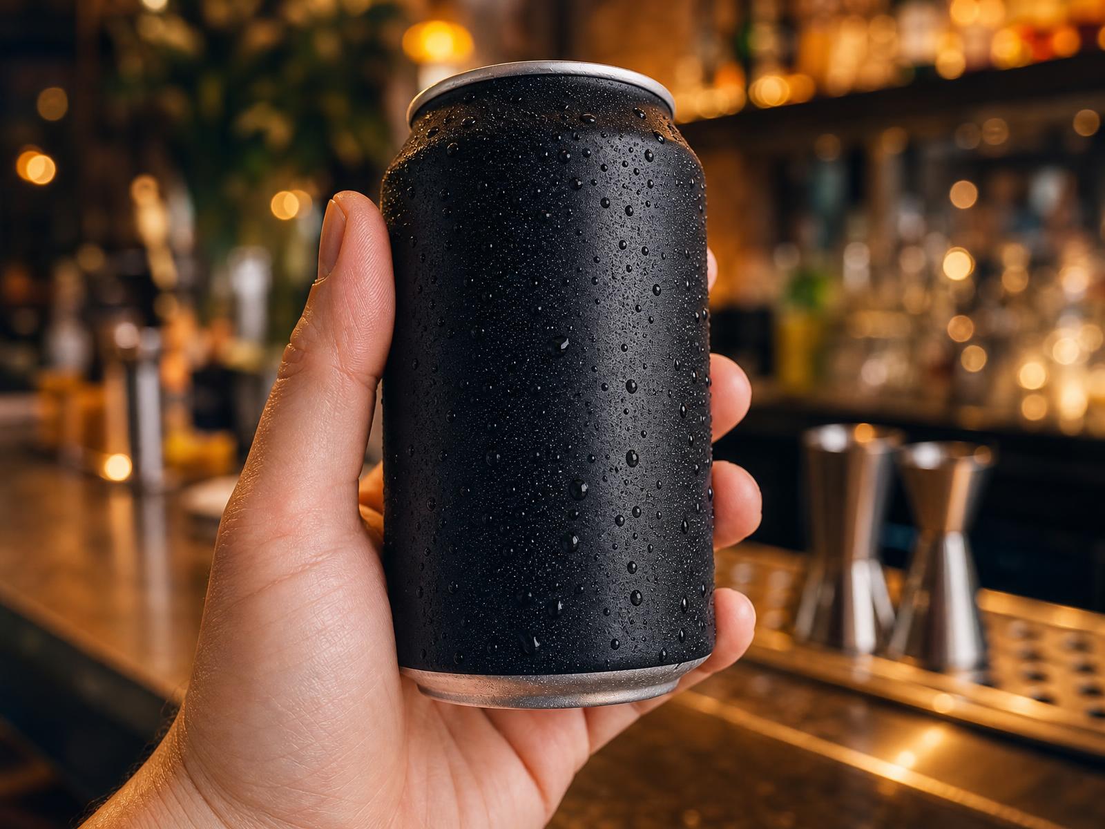 Close up of a hand holding a cold matte black cocktail can with gold detailing