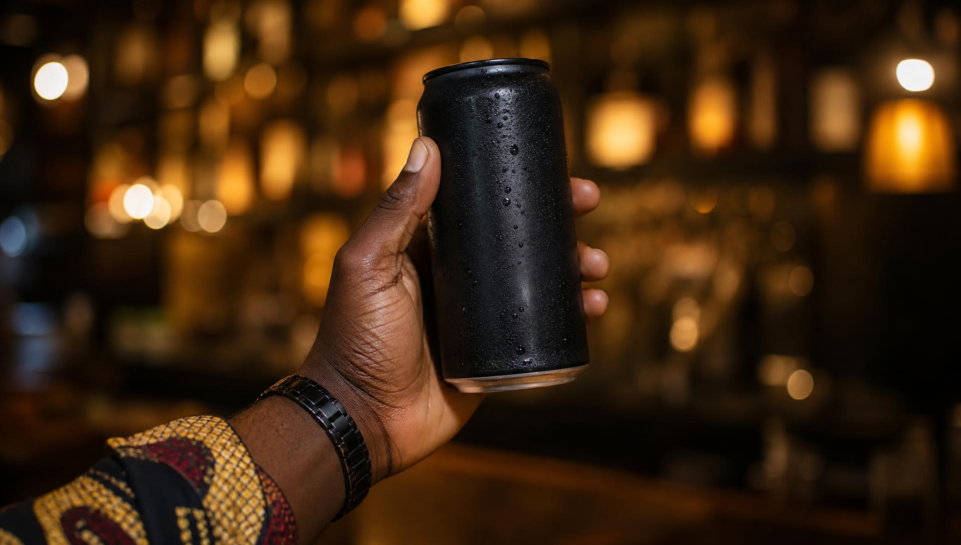 Bartender handing a chilled black and gold cocktail can across a bar counter