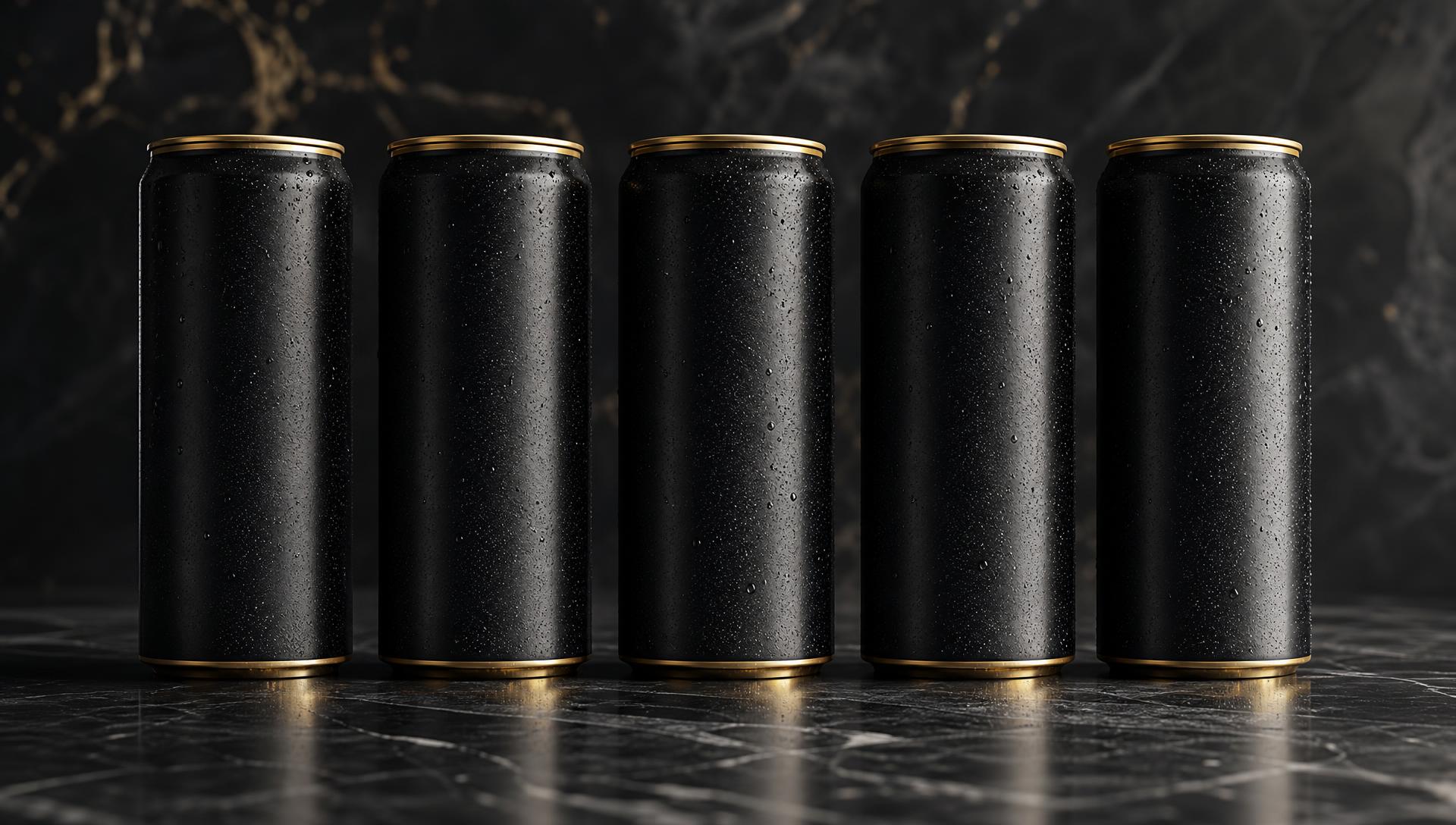 Five matte black cocktail cans with gold tops on ice under warm golden light